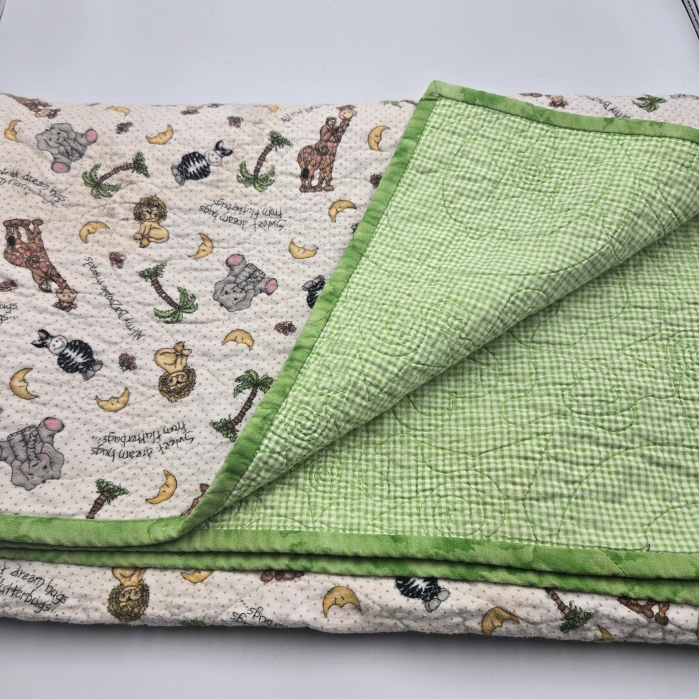 VTG GrannyCore Handmade Baby Quilt Animals & Moon 51x38" BaZoople & FlutterBugs